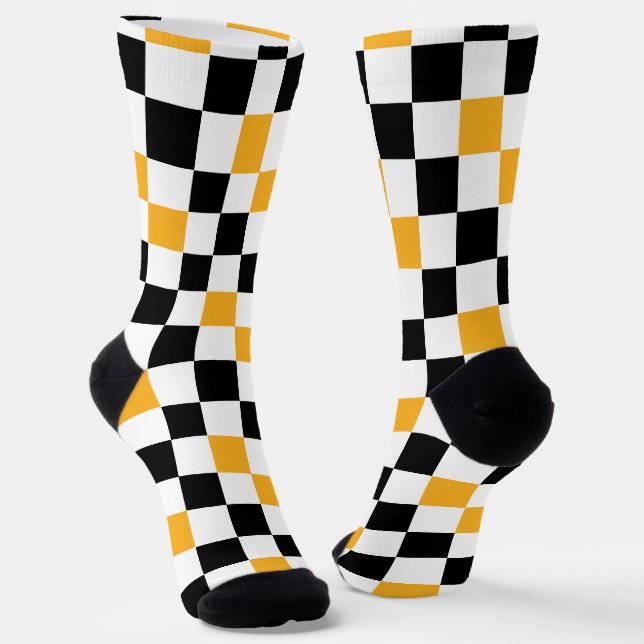 Yellow Black White Checkered Pattern Design  Socks (Angled)