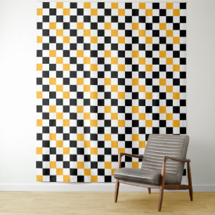 Yellow Black White Checkered Pattern Design Tapestry