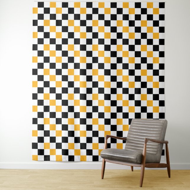 Yellow Black White Checkered Pattern Design  Tapestry (In Situ)