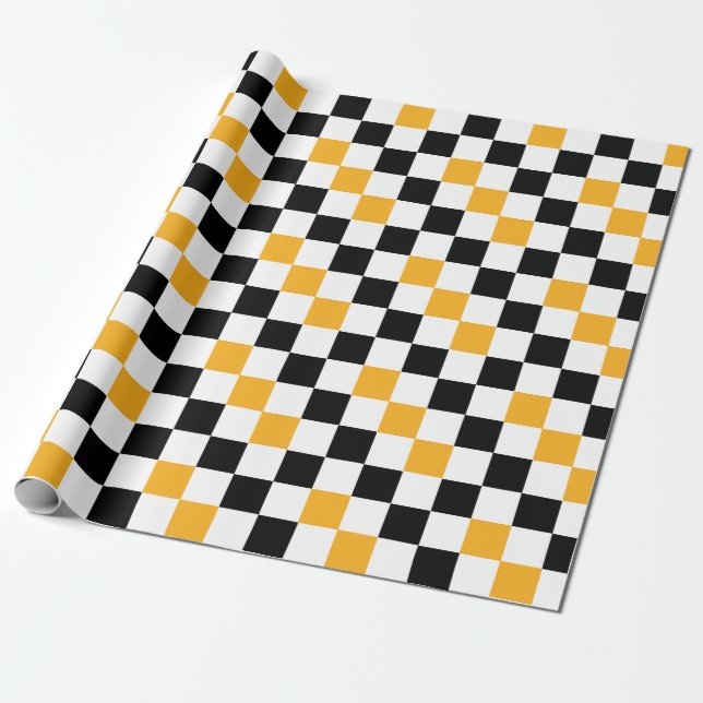 Yellow Black White Checkered Pattern Design  Wrapping Paper (Unrolled)