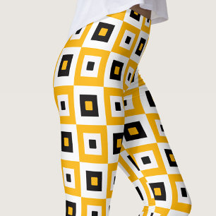 Yellow Black White Checkered Squares Pattern Leggings