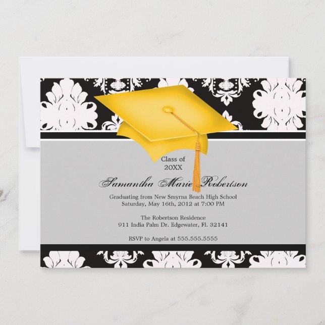 Yellow, Black, White, Custom Graduation Invitation (Front)