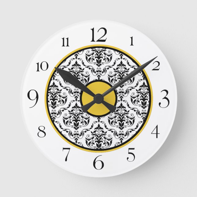 Yellow Black & White Damask Elegant Round Clock (Front)