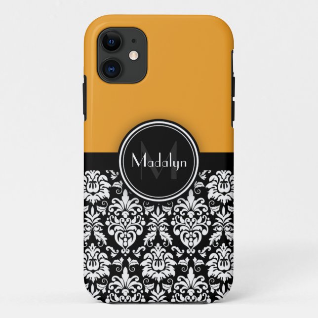 Yellow Black White Damask Monogram Letter Case-Mate iPhone Case (Back)