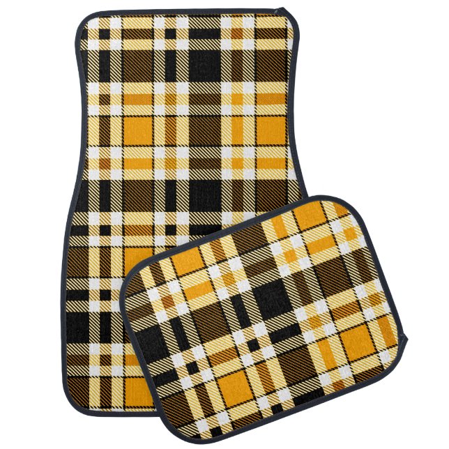 Yellow Black White Flannel Tartan Pattern Design  Car Floor Mat (Set)