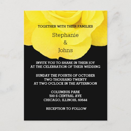 Yellow Black White Floral Rose Simple Wedding  Invitation Postcard