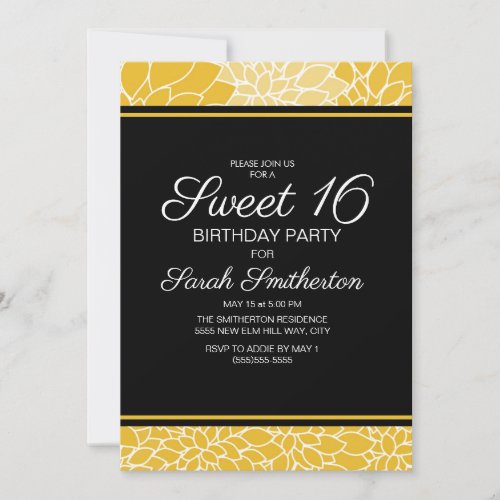 Yellow Black White Floral Sweet 16 Birthday Party Invitation