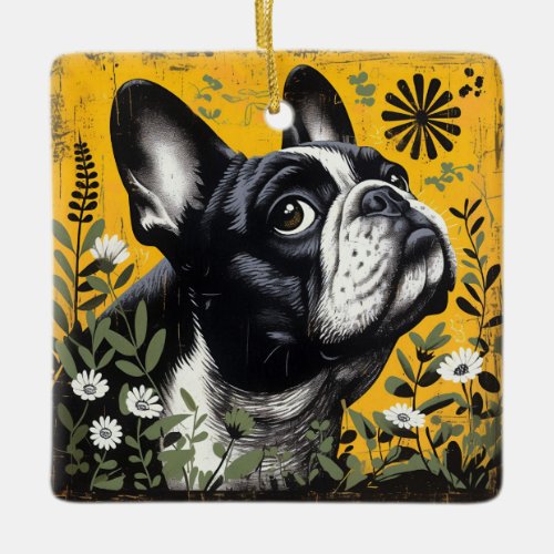 Yellow Black White French Bulldog Ceramic Ornament