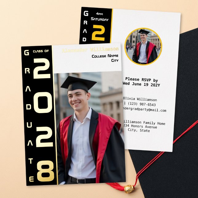 Yellow Black White Graduation Photo Gold  Foil Invitation (Creator Uploaded)