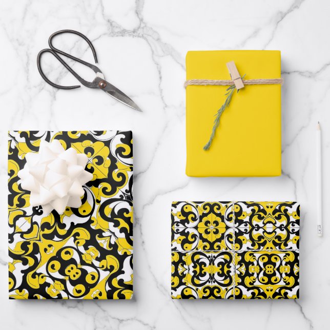 Yellow, Black & White Pattern Wrapping Paper Sheets (Front)