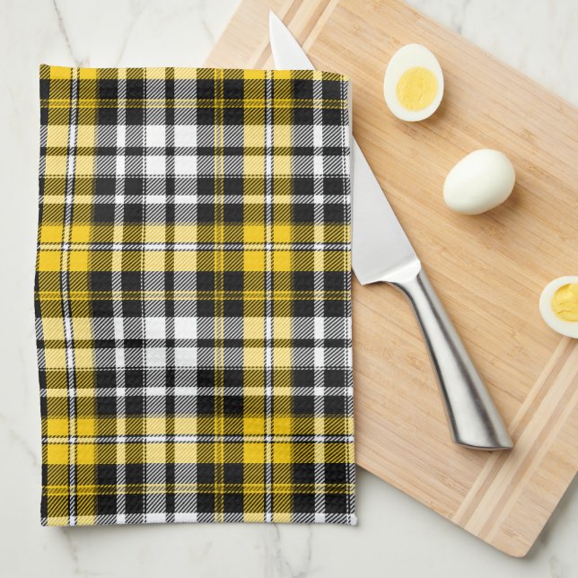 Yellow Black White Plaid Tartan Pattern Design  Kitchen Towel (Quarter Fold)