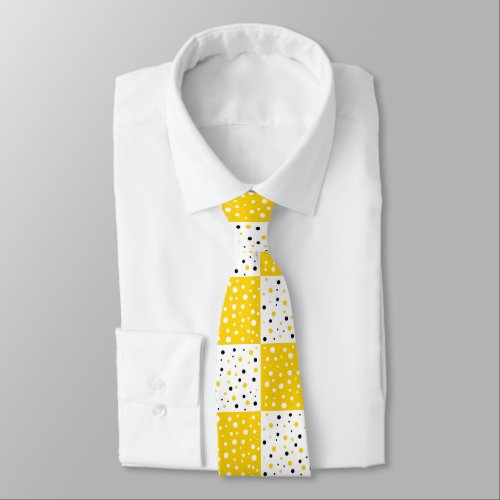 Yellow Black  White Polka Dot Color Block Pattern Neck Tie