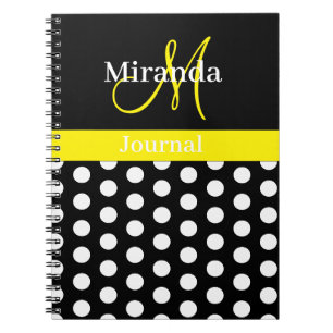 Yellow Black White Polka Dot Monogram Notebook