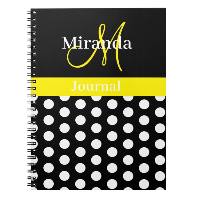 Yellow Black White Polka Dot Monogram Notebook (Front)