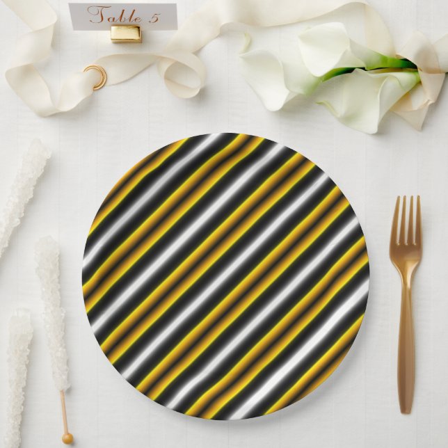 Yellow Black White Rainbow Stripes Paper Plates (Wedding)