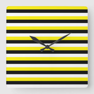 Yellow Black White Stripes Square Wall Clock