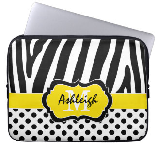 Yellow Black Zebra Stripes Polka Dots Laptop Case