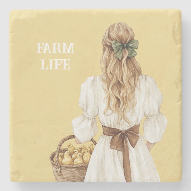 Yellow Blond Basket of Chicks (chickens) Stone Coaster (Front)