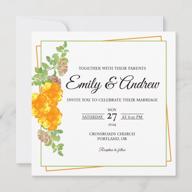 Yellow Bloom Floral Watercolor Square Wedding Invitation (Front)