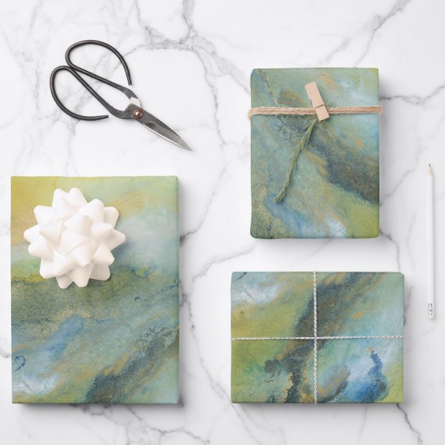 Yellow Blue Abstract Marble Pattern Wrapping Paper Sheets (Front)