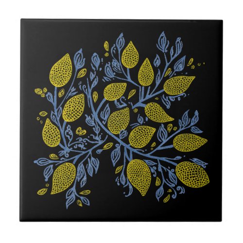 Yellow blue and black lemon vines tile