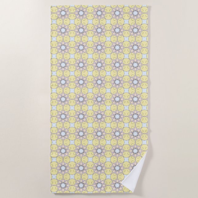 Yellow, blue and gray geometric patterned  beach towel (Front)
