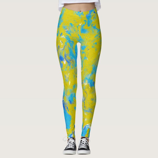 Yellow, Blue and White Swirls Leggings (Front)