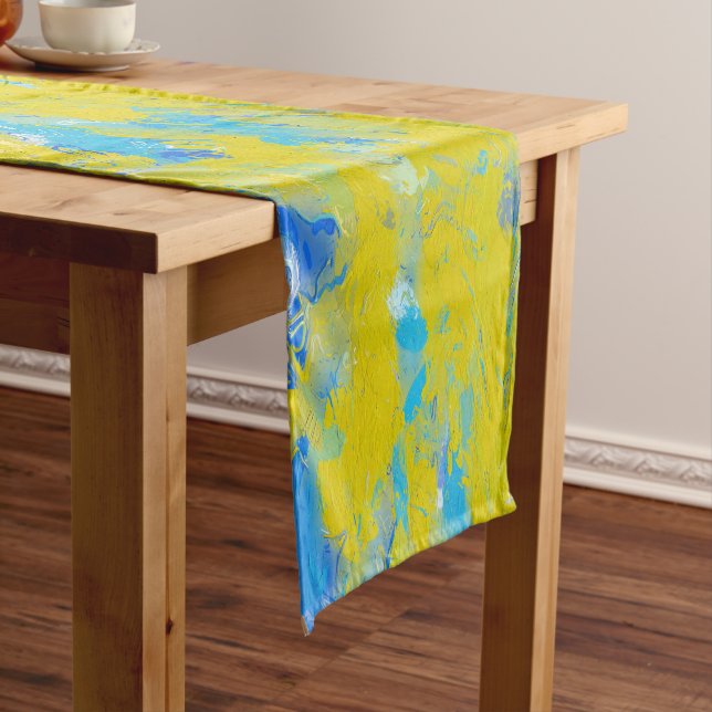Yellow, Blue and White Swirls  Short Table Runner (In Situ)