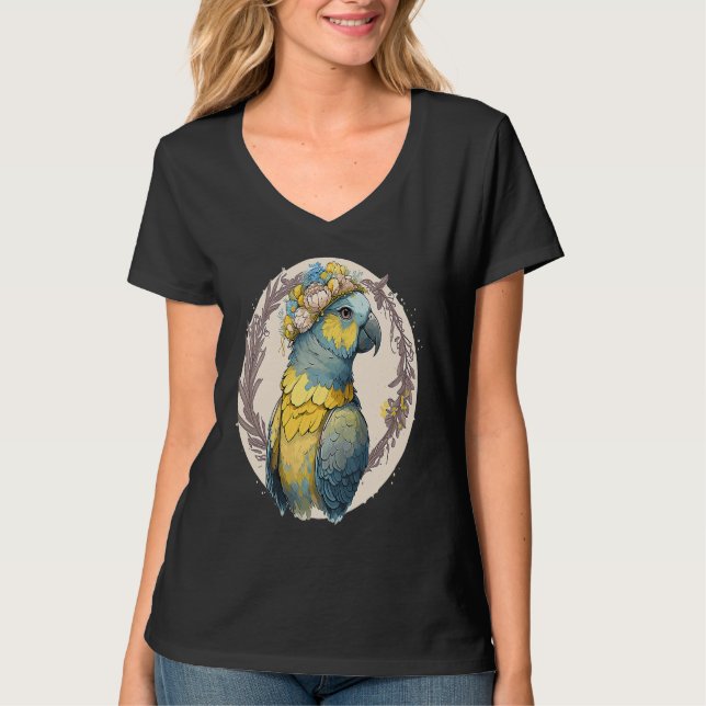 Yellow Blue Ara Macaw Flower Crown Parrot Parakeet T-Shirt (Front)