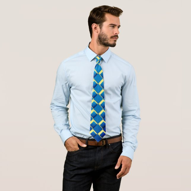 Yellow Blue Artsty Abstract Print Necktie (In Situ)