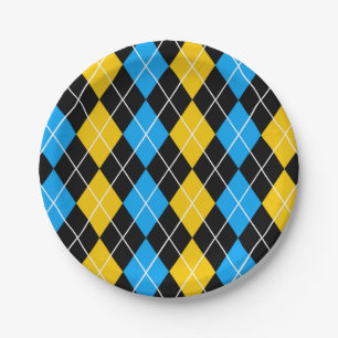 Yellow Blue Black Argyle Diamond Design Paper Plates