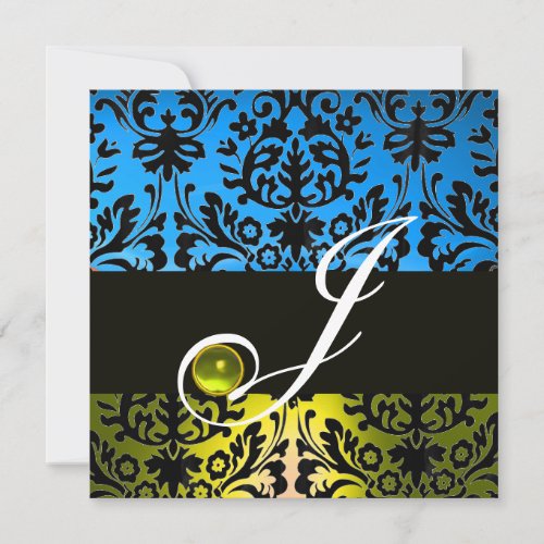 YELLOW BLUE BLACK DAMASK MONOGRAM Topaz Invitation