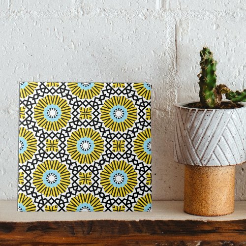 Yellow Blue Black  White Mosaic Geometric Pattern Ceramic Tile