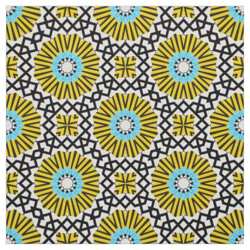 Yellow Blue Black & White Mosaic Geometric Pattern Fabric