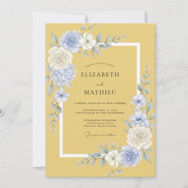 Yellow Blue Blossom Flourish Wedding Invitation (Front)