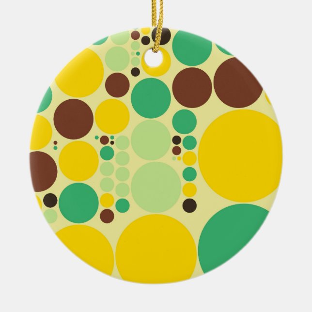 Yellow, Blue, Brown Polka Dots Pattern Ceramic Ornament (Front)