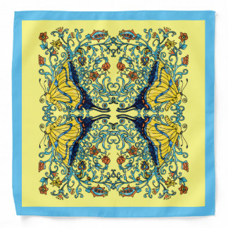 Yellow & Blue Butterflies Bandana / Blue Border