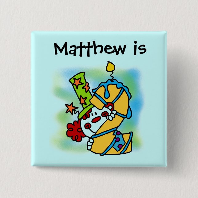 Yellow/Blue Candle Clown 2nd Birthday Button (Front)
