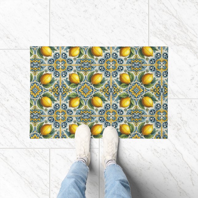 Yellow Blue Capri Lemon Mediterranean Tile Pattern Doormat (Indoor)