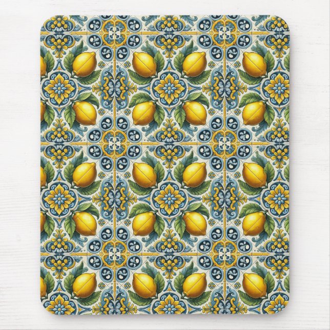Yellow Blue Capri Lemon Mediterranean Tile Pattern Mouse Pad (Front)