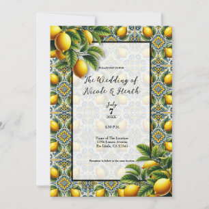 Yellow Blue Capri Lemon Mediterranean Tile Wedding Invitation