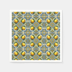 Yellow Blue Capri Lemon Mediterranean Tile Wedding Napkins