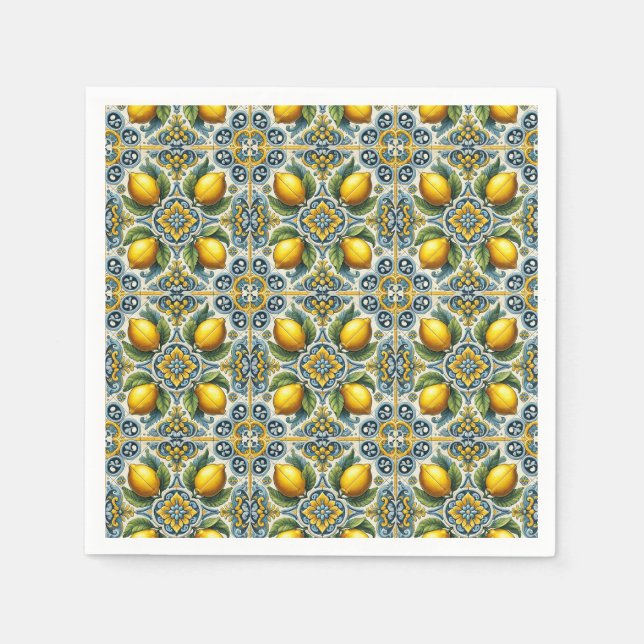 Yellow Blue Capri Lemon Mediterranean Tile Wedding Napkins (Front)