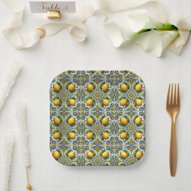 Yellow Blue Capri Lemon Mediterranean Tile Wedding Paper Plates (Wedding)