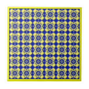 Yellow Blue Checker Argyle Pattern Ceramic Tile