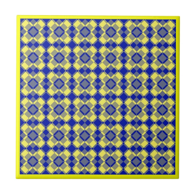 Yellow Blue Checker Argyle Pattern Ceramic Tile (Front)