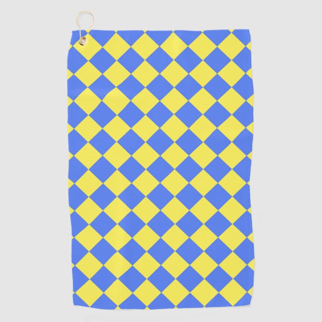 Yellow Blue Checker Diamond Pattern Golf Towel (Front)
