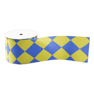 Yellow Blue Checker Diamond Pattern Grosgrain Ribbon