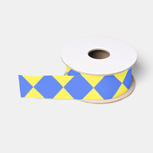 Yellow Blue Checker Diamond Pattern Grosgrain Ribbon (Spool)