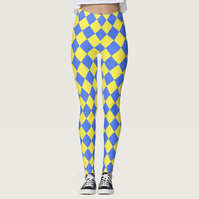 Yellow Blue Checker Diamond Pattern  Leggings (Front)